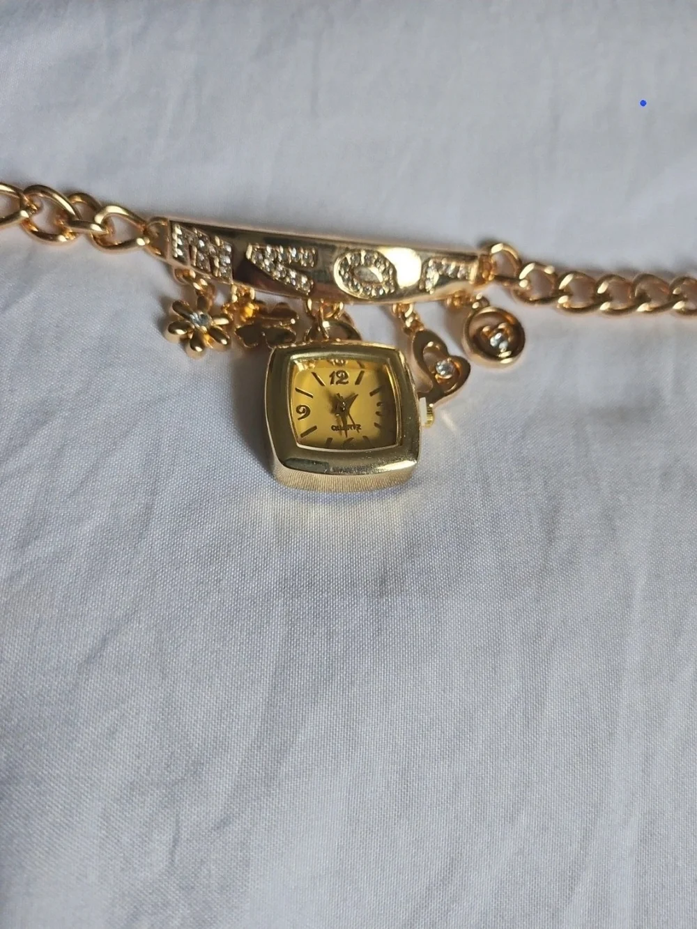 Gold Charm Bracelet Watch with Flower and Crystal Accents - Women Accessories